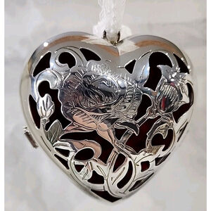 LENOX Kirk Stieff Silverplate Heart Floral filigree Red velvet box gift holder